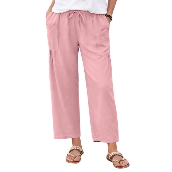 ctdiral Womens Cotton Ankle Length Pants Drawstring Elastic Waist Straight Trousers Solid Color Pull On Pants with Pockets Summer Lounge Going Out Pants Pink XXL