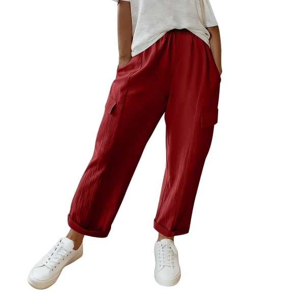 ctdiral Womens Cotton Cargo Pants Elastic Waist Straight Trousers Solid Color Ankle Length Pants with Pockets Summer Casual Going Out Pants Red XL