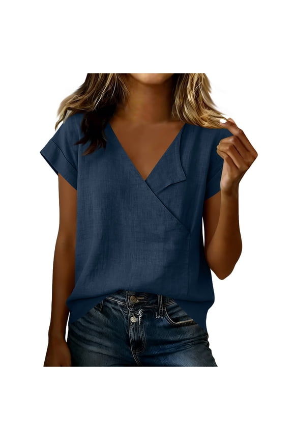 Womens Cotton Linen Blouse V Neck Wrap Shirt Cap Sleeve Loose Fit Tee Solid Color Loose Fit Tunic Top Summer Casual Clothes Navy M