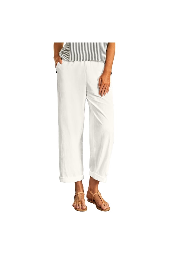 Womens Cotton Linen Pants Elastic Waist Straight Trousers with Pockets Solid Color Pull On Pants Summer Casual Comfy Pants White S