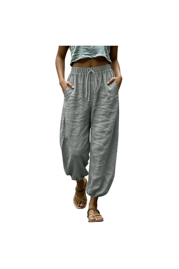Womens Cotton Linen Tapered Pants Drawstring Elastic Waist Pants Loose Fit Ankle Length Pants with Pockets Summer Casual Comfy Pants Gray L