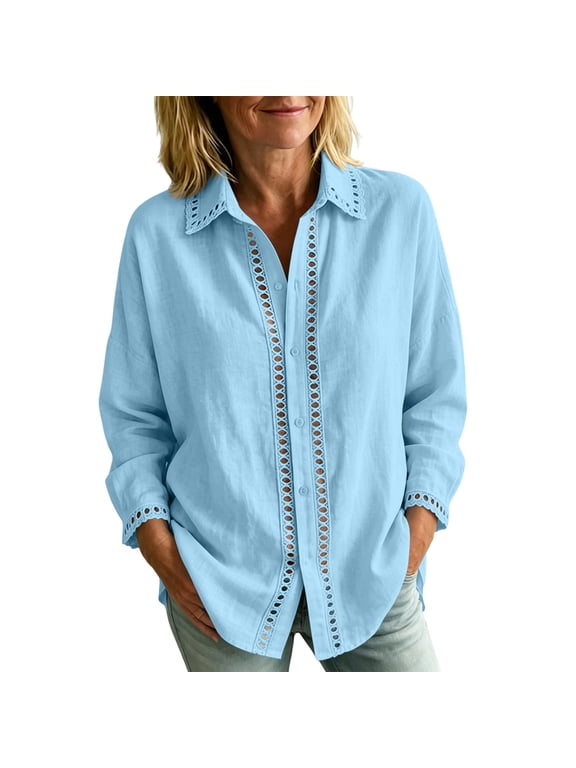Womens Cotton Long Sleeve Shirt Collared Button Down Blouses Solid Color Hollow Out Tops Fall Casual Comfy Shirts Light Blue XXL