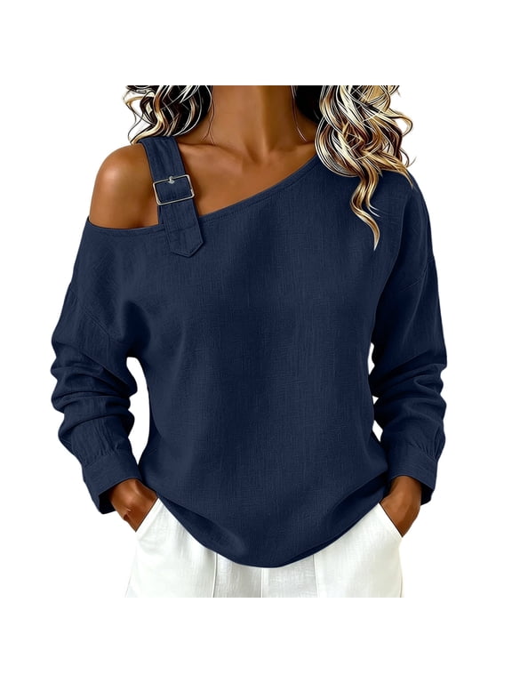 Womens Cotton One Shoulder Shirt Solid Color Long Sleeve Blouses Adjustable Strap Loose Fit Tops Fall Casual Comfy Clothes Navy XL