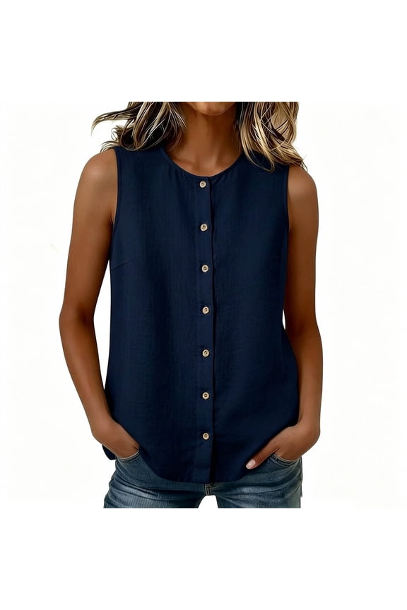 Womens Cotton Sleeveless Tank Top Crew Neck Button Down Tanks Lightweight Loose Fit Shirt Summer Casual Comfy Tops Navy L