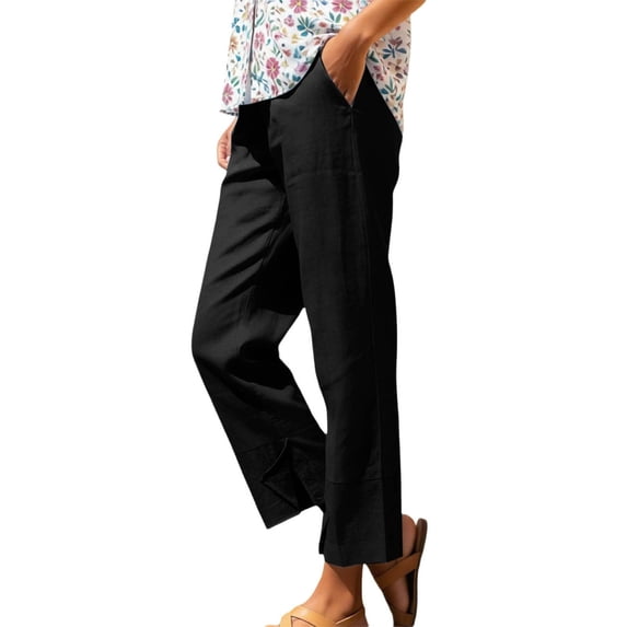 ctdiral Womens Cotton Straight Trousers Elastic Waist Pull On Pants with Pockets Solid Color Side Slit Slacks Summer Lounge Going Out Pants Black XXL