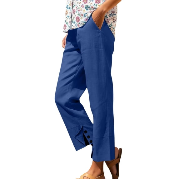 ctdiral Womens Cotton Straight Trousers Elastic Waist Pull On Pants with Pockets Solid Color Side Slit Slacks Summer Lounge Going Out Pants Blue S