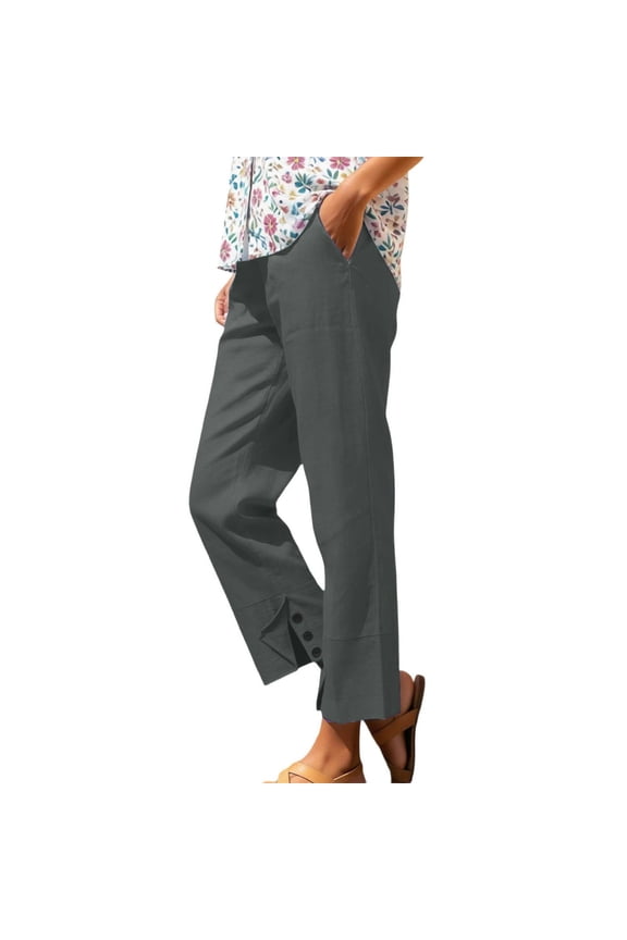 Womens Cotton Straight Trousers Elastic Waist Pull On Pants with Pockets Solid Color Side Slit Slacks Summer Lounge Going Out Pants Gray XXL