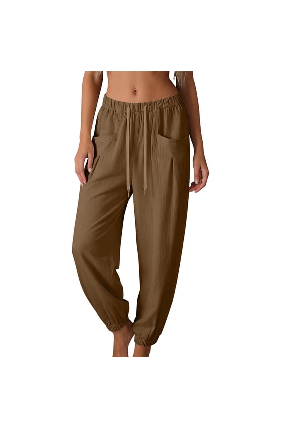 Womens Cotton Tapered Pants Drawstring Elastic Waist Pull On Pants with Pockets Solid Color Loose Fit Pants Summer Lounge Going Out Pants Coffee XL