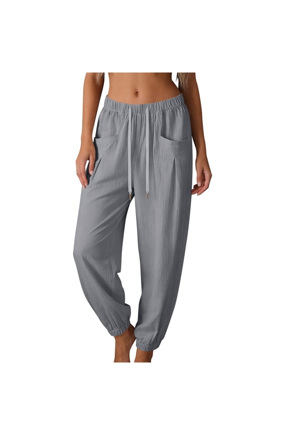 Womens Cotton Tapered Pants Drawstring Elastic Waist Pull On Pants with Pockets Solid Color Loose Fit Pants Summer Lounge Going Out Pants Gray XXL