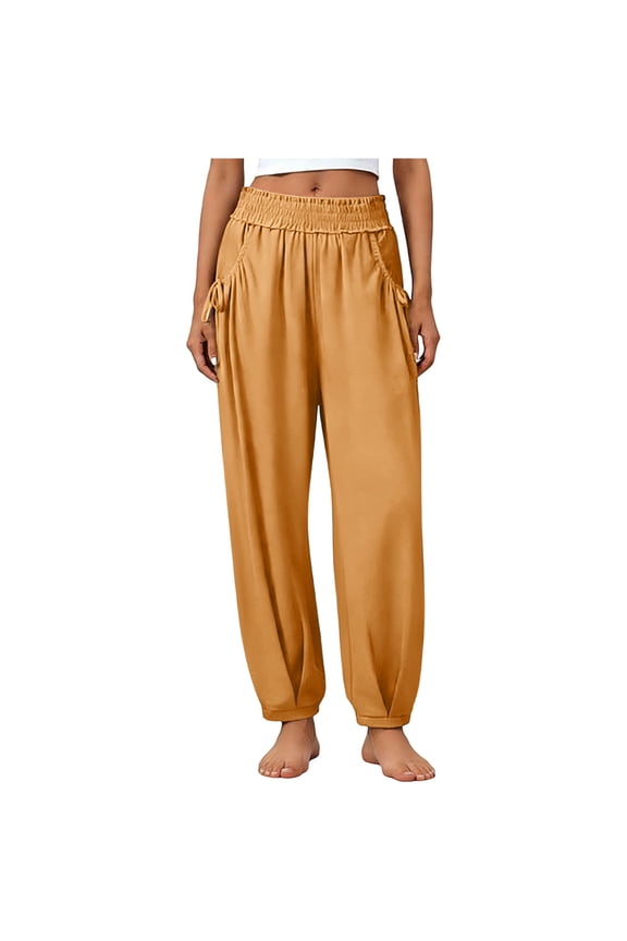 Womens Cotton Tapered Pants Elastic Waist Pull On Pants High Waist Loose Fit Pants with Pockets Summer Lounge Going Out Pants Yellow L