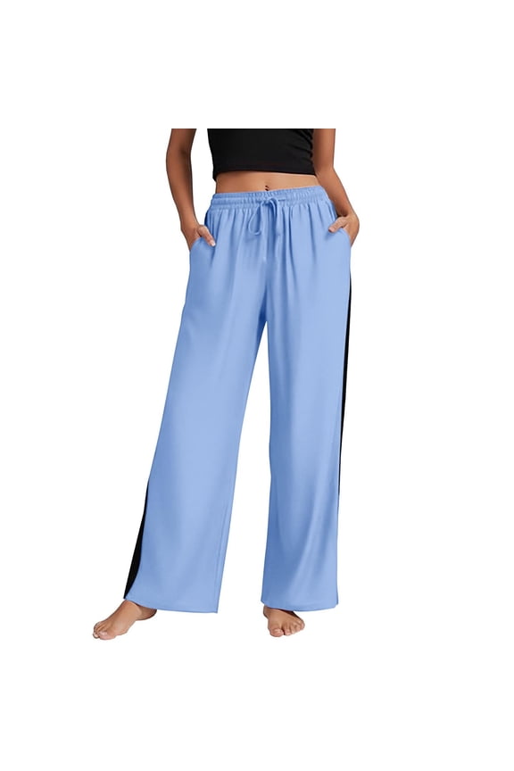 Womens Cotton Wide Leg Pants High Waist Straight Trousers Drawstring Elastic Waist Pull On Pants with Pockets Summer Lounge Going Out Slacks Light Blue XXL