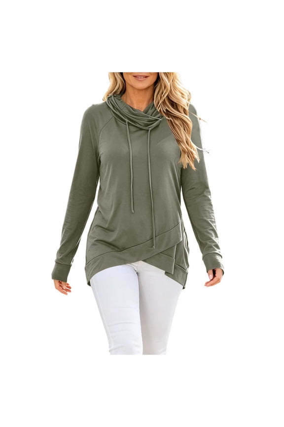 Womens Cowl Neck Long Sleeve Shirt Solid Color Drawstring Asymmetrical Tops Soft Stretchy Pullover Fall Lounge Daily Wear Gray XXL