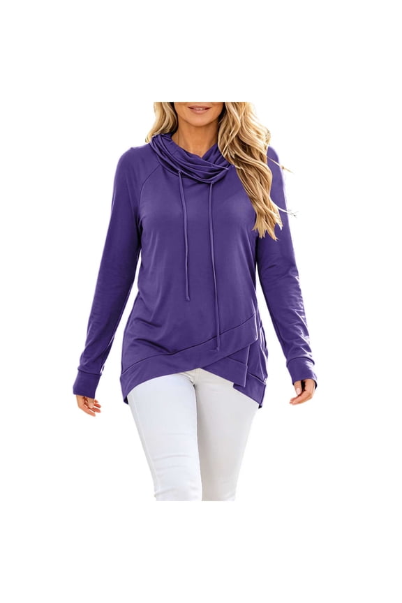 Womens Cowl Neck Long Sleeve Shirt Solid Color Drawstring Asymmetrical Tops Soft Stretchy Pullover Fall Lounge Daily Wear Purple M