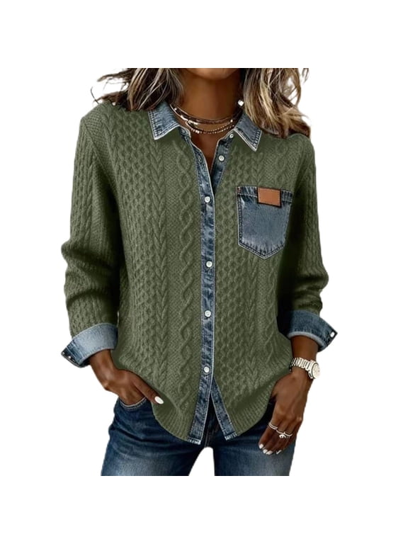 Womens Denim Patchwork Shirt Long Sleeve Knit Tops Collared Button Down Blouses with Pocket Fall Casual Comfy Top Army Green XL
