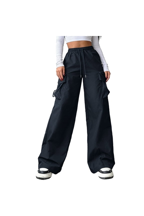 Womens Drawstring Elastic Waist Cargo Pants High Waist Straight Trousers Solid Color Wide Leg Pants with Pockets Casual Going Out Pants Black XS