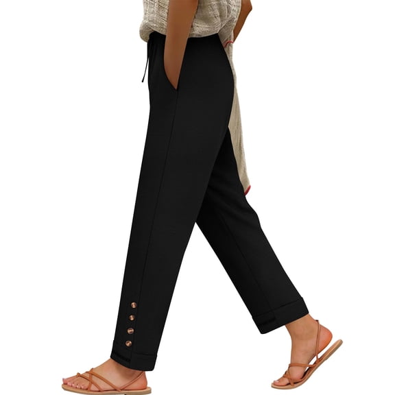 ctdiral Womens Drawstring Elastic Waist Long Pants Solid Color Sraight Trousers with Pockets Pull On Wide Leg Pants Summer Casual Comfy Slacks Black XL