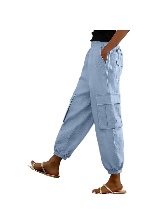 Womens Ealstic Waist Cargo Pants Elastic Waist Tapered Pants Solid Color Pull On Pants with Multiple Pockets Summer Lounge Going Out Pants Light Blue S