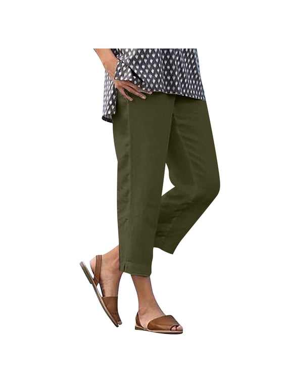 Womens Elastic Waist Ankle Length Pants Solid Color Side Slit Pants with Pockets Pull On Straight Trousers Summer Lounge Going Out Pants Army Green XXL