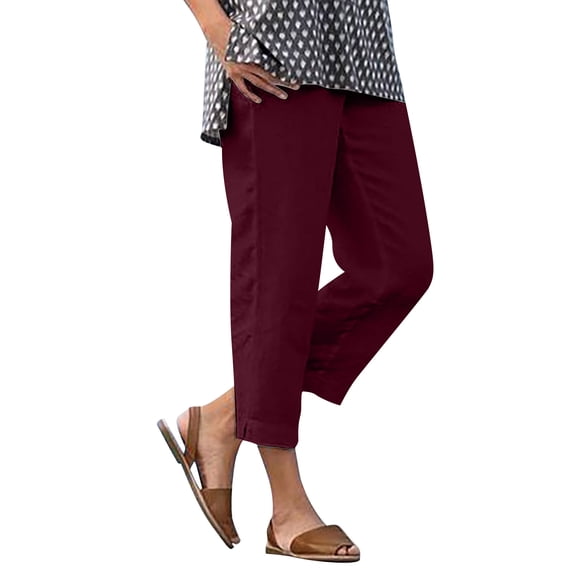 ctdiral Womens Elastic Waist Ankle Length Pants Solid Color Side Slit Pants with Pockets Pull On Straight Trousers Summer Lounge Going Out Pants Wine L