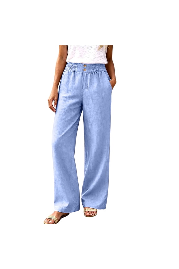 Womens Elastic Waist Straight Trousers High Waist Wide Leg Pants Loose Fit Pull On Pants with Pockets Summer Lightweight Lounge Slacks Light Blue XXL