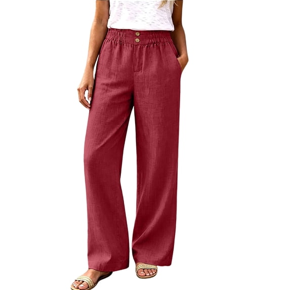 ctdiral Womens Elastic Waist Straight Trousers High Waist Wide Leg Pants Loose Fit Pull On Pants with Pockets Summer Lightweight Lounge Slacks Red XXL