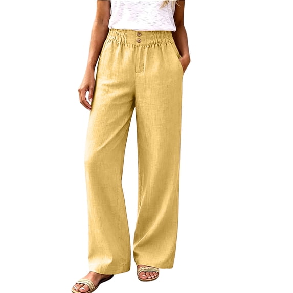 ctdiral Womens Elastic Waist Straight Trousers High Waist Wide Leg Pants Loose Fit Pull On Pants with Pockets Summer Lightweight Lounge Slacks Yellow L