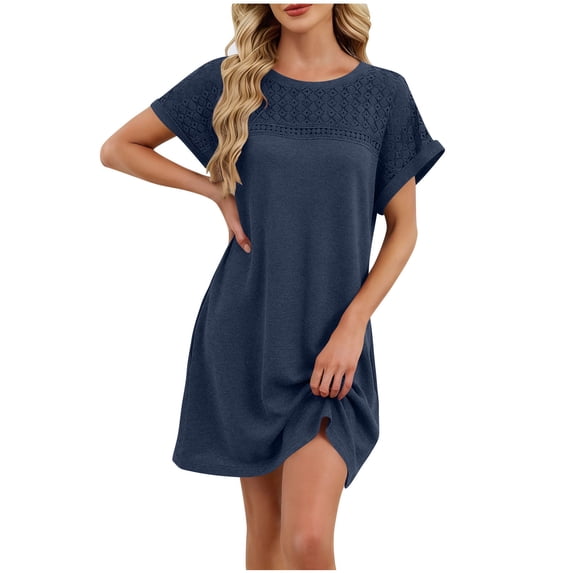 ctdiral Womens Eyelet Mini Dress Cap Sleeve Crew Neck T Shirt Dress Solid Color Loose Fit Dress Summer Casual House Dress Navy S