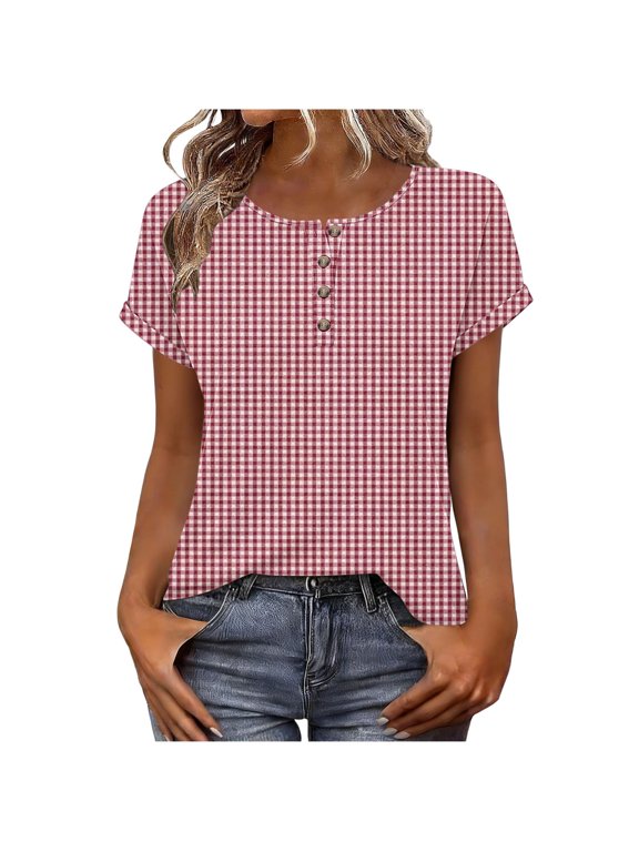 Womens Fashion Checkered Print Button Tees Round Neck Short Sleeve Casual Shirts Loose Fit Tops Summer Vacation T Shirt Hot Pink M