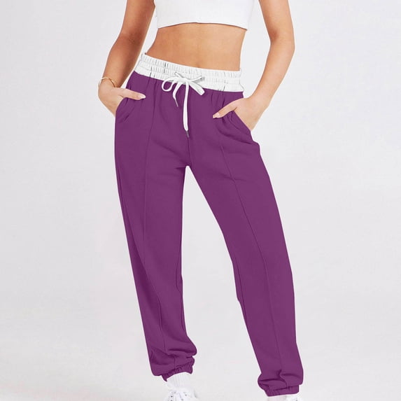 ctdiral Womens Fleece Sweatpants Casual High Waist Drawstring Straight Leg Tapered Pants Outdoor Active Joggers with Pockets Fall Workout Athletic Long Pants Trousers Purple L