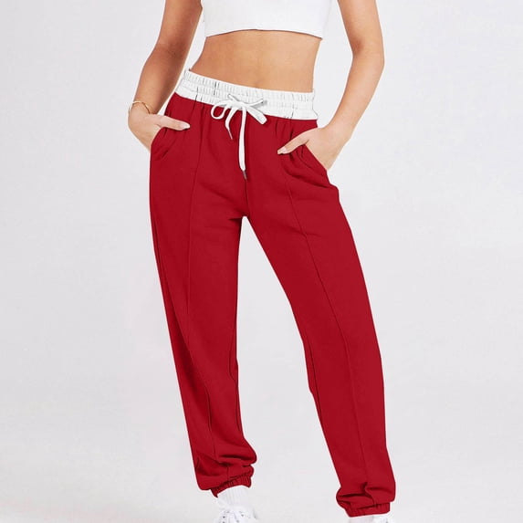 ctdiral Womens Fleece Sweatpants Casual High Waist Drawstring Straight Leg Tapered Pants Outdoor Active Joggers with Pockets Fall Workout Athletic Long Pants Trousers Red M