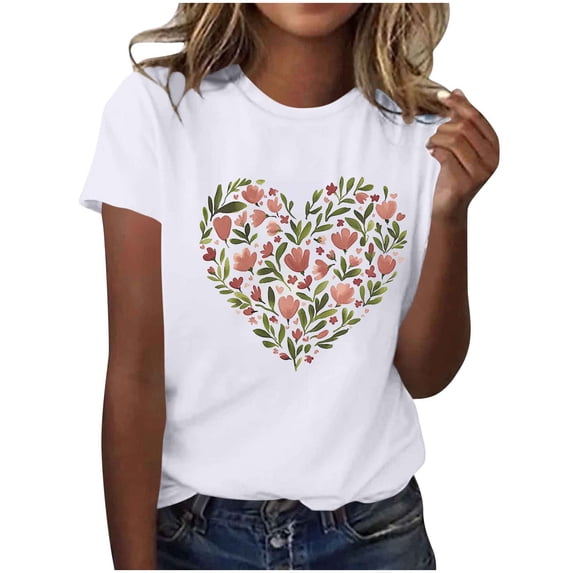 ctdiral Womens Heart Printed Crew Neck Tees Loose Fit Short Sleeve Tops Casual Workout Tunic Tops Summer Fashion T Shirt White XXL