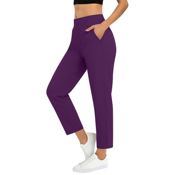 ctdiral Womens High Waist Ankle Length Pants Solid Color Straight Trousers with Pockets Stretch Pull On Pants Summer Casual Workout Pants Purple XXL
