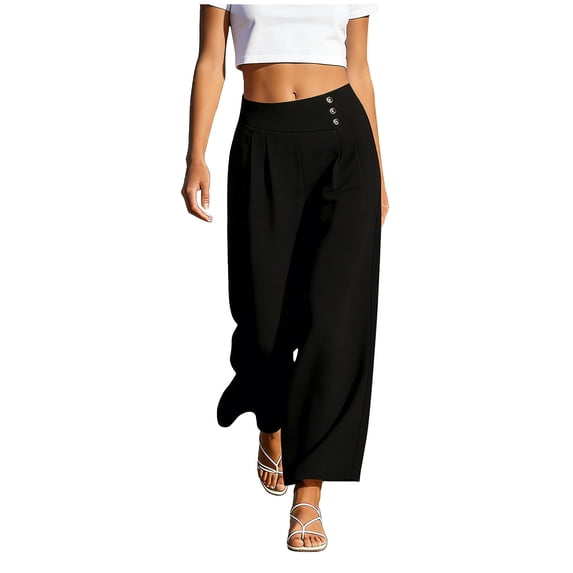 ctdiral Womens High Waist Button Pleated Pants Elastic Waist Wide Leg Pants Solid Color Straight Trousers with Pockets Summer Lounge Going Out Pants Black L