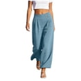 thumbnail image 1 of ctdiral Womens High Waist Button Pleated Pants Elastic Waist Wide Leg Pants Solid Color Straight Trousers with Pockets Summer Lounge Going Out Pants Light Blue M, 1 of 8