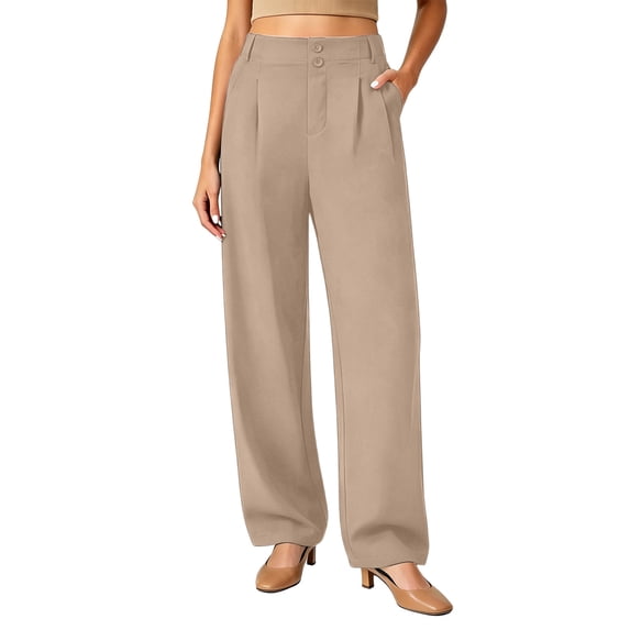 ctdiral Womens High Waist Dress Pants Solid Color Wide Leg Pants Loose Fit Straight Trousers with Pockets Summer Elegant Business Office Slacks Khaki XL
