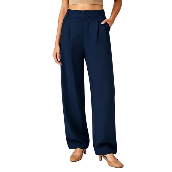 ctdiral Womens High Waist Dress Pants Solid Color Wide Leg Pants Loose Fit Straight Trousers with Pockets Summer Elegant Business Office Slacks Navy XXL