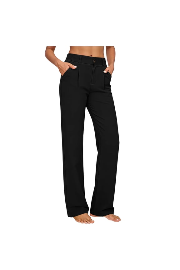 Womens High Waist Straight Trousers Elastic Waist Long Pants with Pockets Solid Color Dress Pants Business Office Work Pants Black L