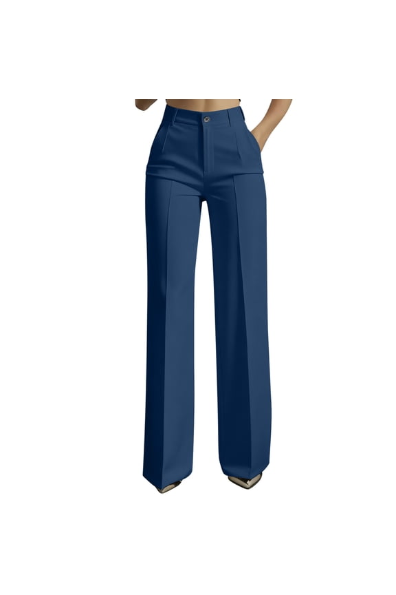 Womens High Waist Straight Trousers Solid Color Dress Pants Elastic Waist Slacks with Pockets Elegant Office Work Pants Navy S