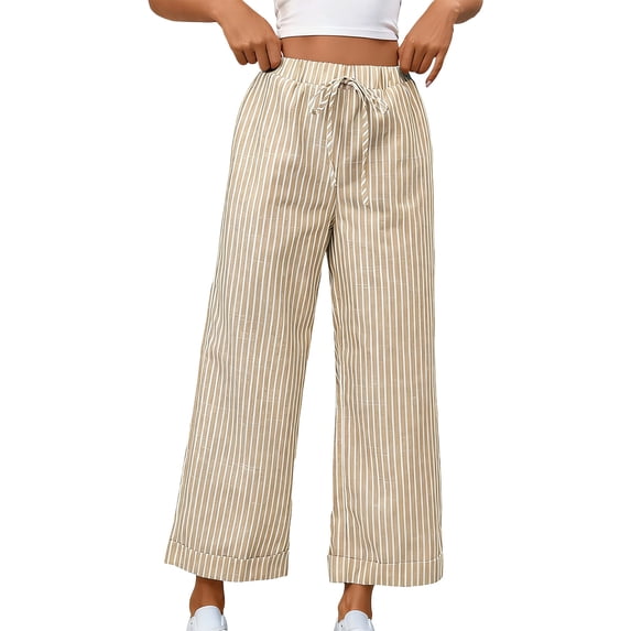 ctdiral Womens High Waist Striped Pants Drawstring Elastic Waist Straight Trousers with Pockets Pull On Ankle Length Pants Summer Lounge Going Out Pants Khaki L