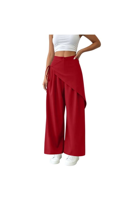 Womens High Waist Wide Leg Pants Solid Color Bow Tie Wrap Pants Loose Fit Straight Trousers Trendy Going Out Slacks Red M