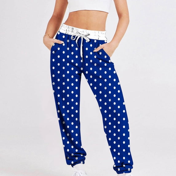 ctdiral Womens High Waisted Sweatpants Polka Dot Print Drawstring Long Pants Casual Cozy Jogger Pants Baggy Sports Pants with Pockets Lounge Trousers Blue L