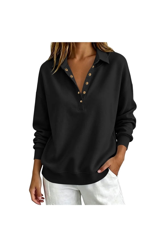 Womens Long Sleeve Swetashirts Collared Snap Button Down Pullover Solid Color Loose Fit Shirt Fall Casual Comfy Tops Black L