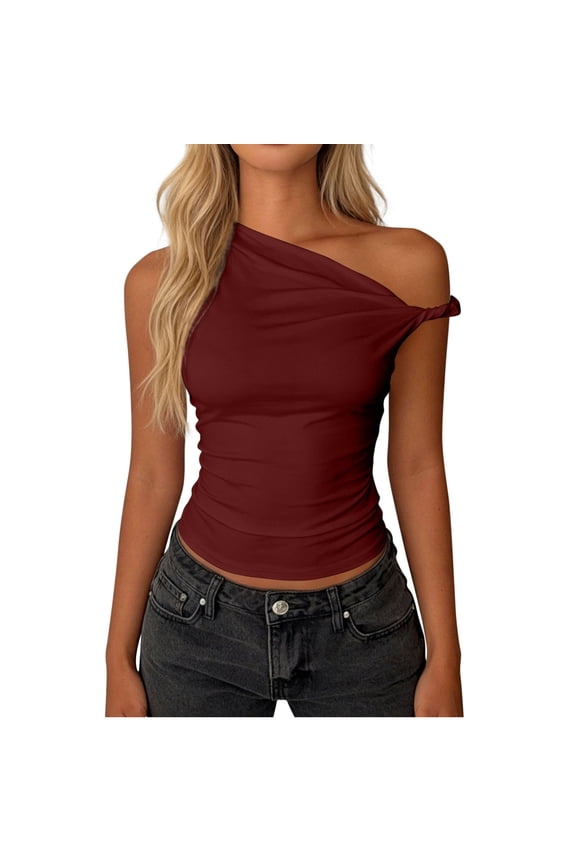 Womens One Shoulder Tank Top Solid Color Crop Tank Tops Lightweight Soft Tunic Tops Summer Fashion Going Out Tops Wine XXL