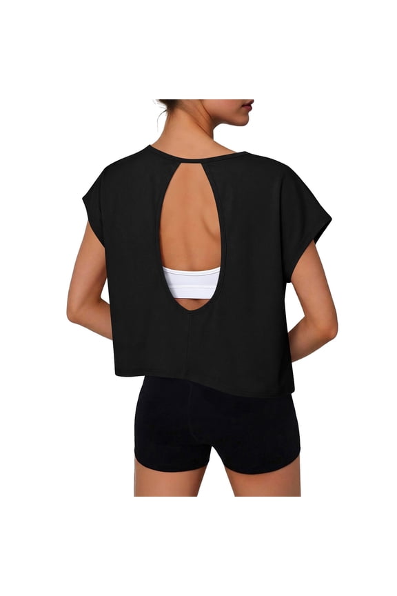 Womens Open Back Workout T Shirt Cap Sleeve Crew Neck Tee Solid Color Loose Fit Top Summer Gym Yoga Pullover Black S