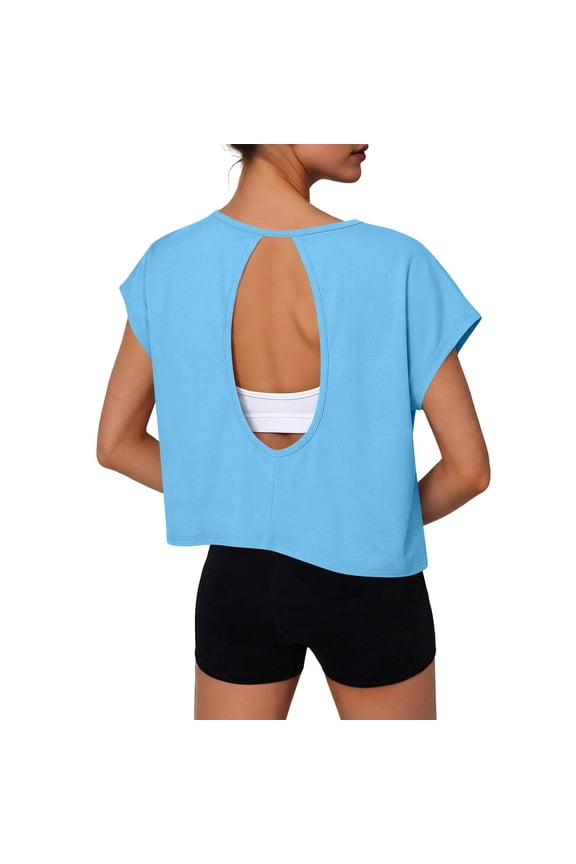 Womens Open Back Workout T Shirt Cap Sleeve Crew Neck Tee Solid Color Loose Fit Top Summer Gym Yoga Pullover Light Blue L