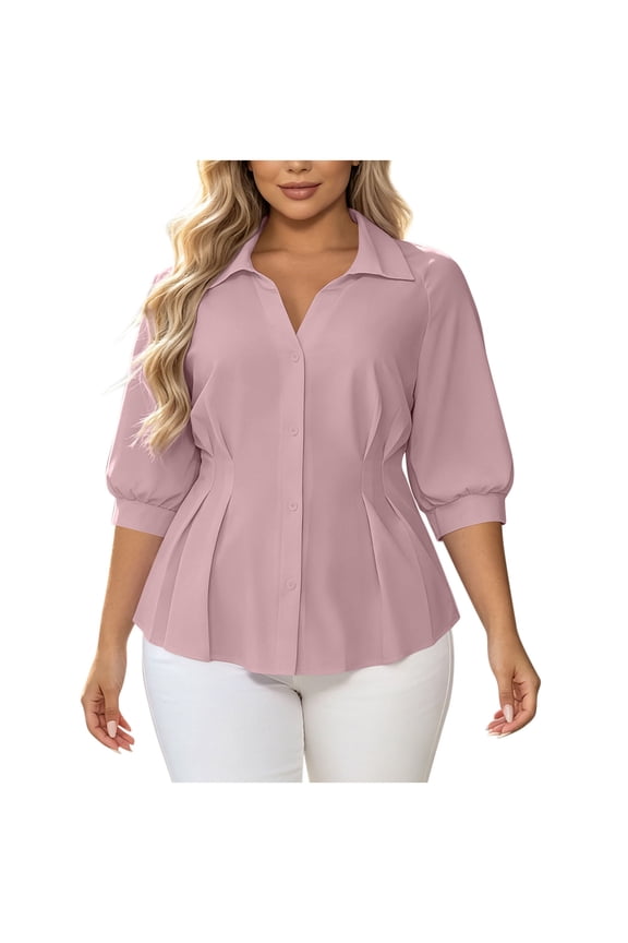 Womens Plus Size 3/4 Sleeve Shirts Collar V Neck Button Down Blouses Solid Color Cinched Waist Tunic Tops Fall Dressy Work Office Tops Pink XL