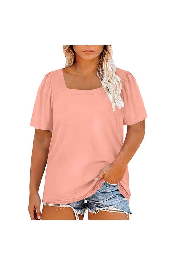 Womens Plus Size Loose Fit Top Fashion Square Neck Shirt Puff Short Sleeve T Shirt Casual Outdoor Vacation Tee Pink XXL