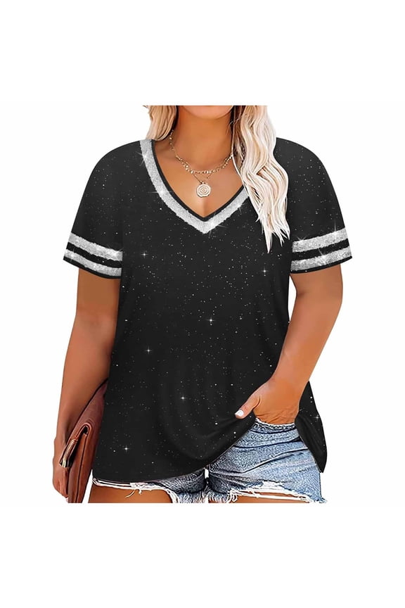 Womens Plus Size T Shirt Fashion Sequin Print V Neck Blouse Summer Short Sleeve Stripe Color Block Tunic Tops Loose Fit Lightweight Pullover Top Black XXXL