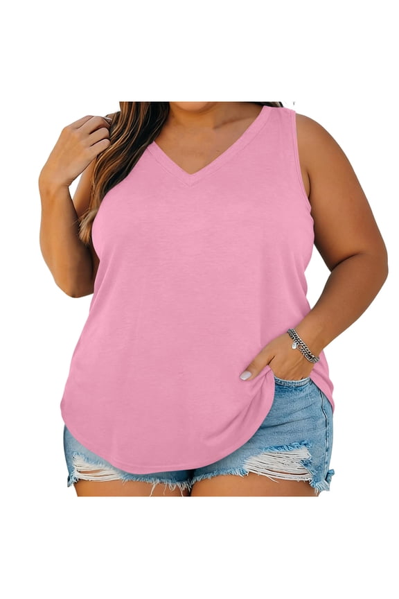 Womens Plus Size V Neck Tank Top Solid Color Sleeveless Tanks Lightweight Loose Fit Tunic TopsSummer Comfy Tops Pink L