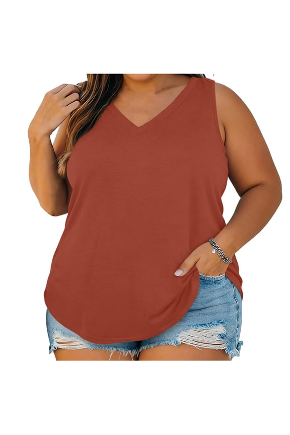 Womens Plus Size V Neck Tank Top Solid Color Sleeveless Tanks Lightweight Loose Fit Tunic TopsSummer Comfy Tops Watermelon Red L